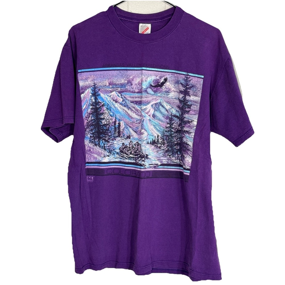 VTG 1992 Glitter Graphic T Shirt L Arkansas River Rafting Colorado Purple USA - Picture 2 of 16